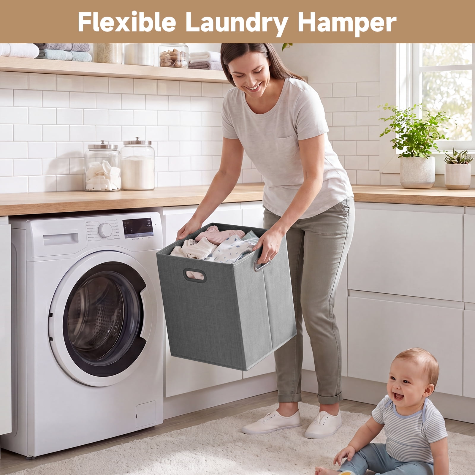INFANS Baby Changing Table, Wooden Diaper Station Dresser with 3 Fabric Drawers, Laundry Hamper, Safety Belt, Pad for Nursery Infant