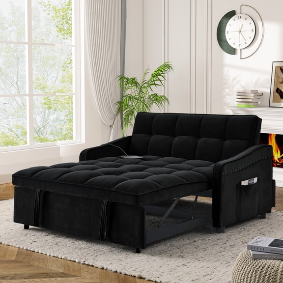 Lunale Loveseat Sleeper with USB/Type-C, Convertible Sleeper Sofa Bed for Living Room/Apt, Black Velvet