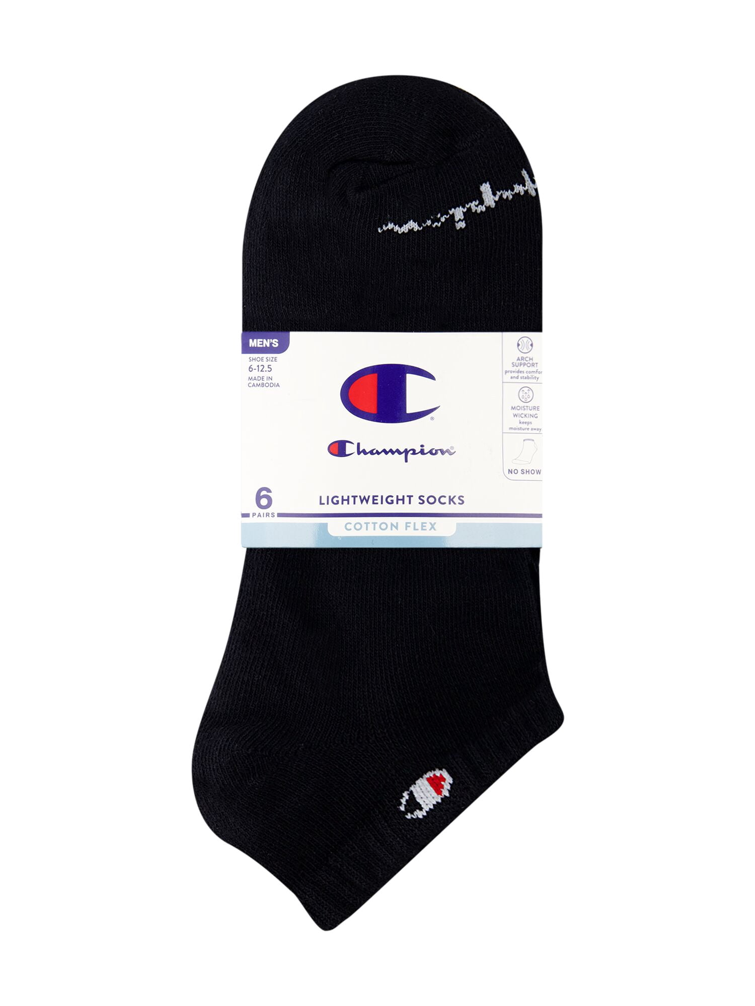 Champion Men’s Lightweight No Show Socks 6 Pack, Moisture-Wicking, Arch Support, Stretch Comfort, Sizes 6–12.5