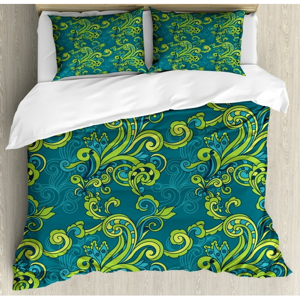 Fl Duvet Cover Set King Size Vintage Style Abstract Ornamental Flower Leaves And Branches Art Print Decorative 3 Piece Bedding With 2 Pillow Shams Teal Lime Green By Ambesonne Fl Duvet Cover Set King Size, Teal And Lime Green Bedding