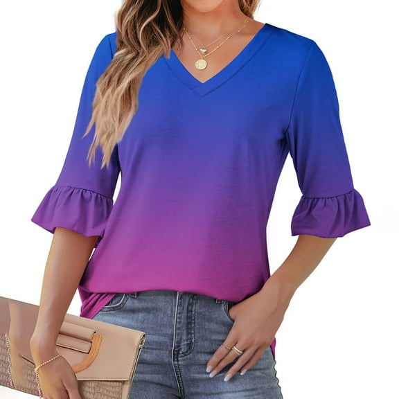 Viluyesy Women's 3/4 Sleeves T-Shirt V-Neck Shirt Tops Loose Blouse Purple Size M