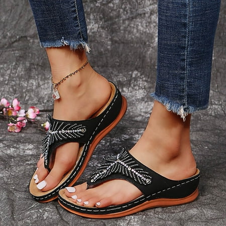 

Hvyesh Women Comfortable Wedge Sandals with Arch Support for Walk Summer Massage Function Platform Shoes Hollow Wedge Rhinestone Shoes Summer Supply Black US 9