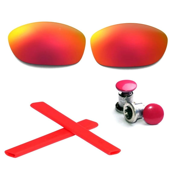 Walleva Fire Red Polarized Lenses Red Earsocks Red Bol​ts for Okaley Split Jacket OO9099 Sunglasses