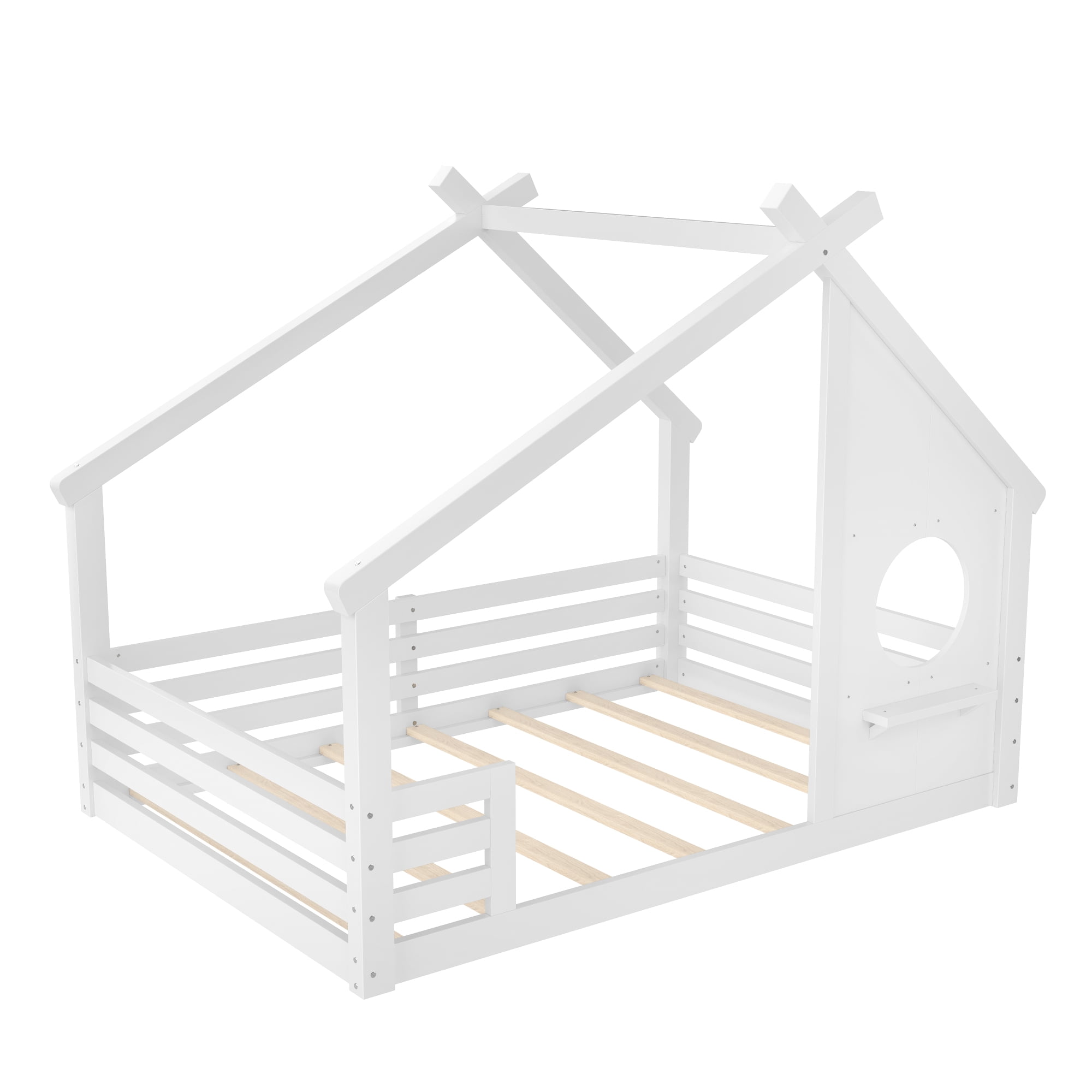 Jopath Full Size House Floor Bed with Window and a Small Shelf, Solid Wood Floor Bed with House-shaped Roof for Boys Girls White