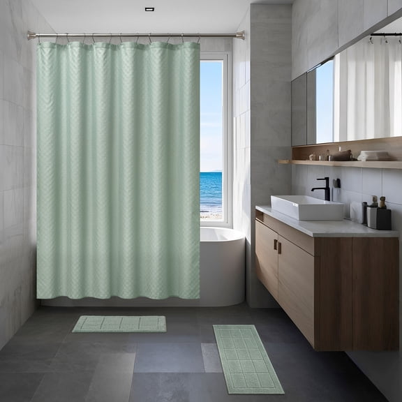 Mainstays 15-Piece Green Checkered Bathroom Set Shower Curtain, Bath Rugs & Hooks, Easy Care