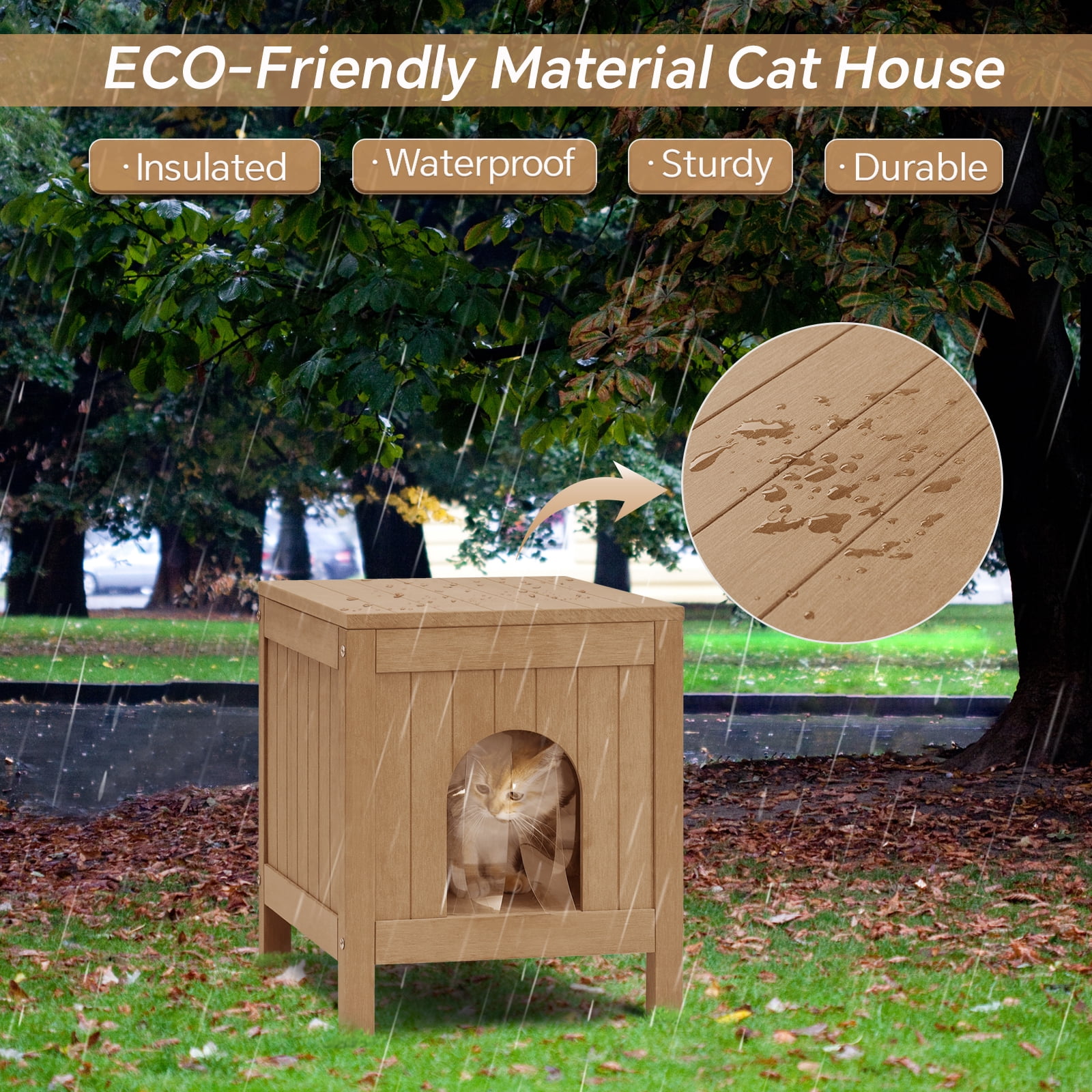 GONICHA Insulated Cat House, Weatherproof Poly Lumber Outdoor Cat House, Moisture-Proof Elevated Cat Shelter with Side Table Function, Openable Roof to Easy Cleaning Cat Houses -Teak Color