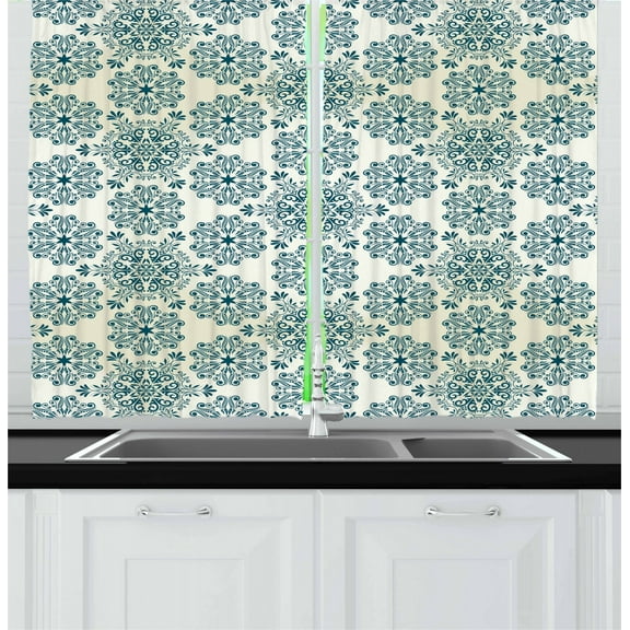 Ambesonne Winter Kitchen Curtains, Mandala Style, 55"x39", Teal Cream