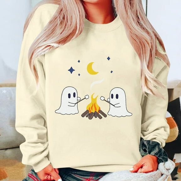 HOOJT Womens Crewneck Sweatshirts Fall Long Sleeve Sweaters Halloween Cute Ghost Printed Hoodless Sweatshirts Loose Pullover Top Halloween Costumes