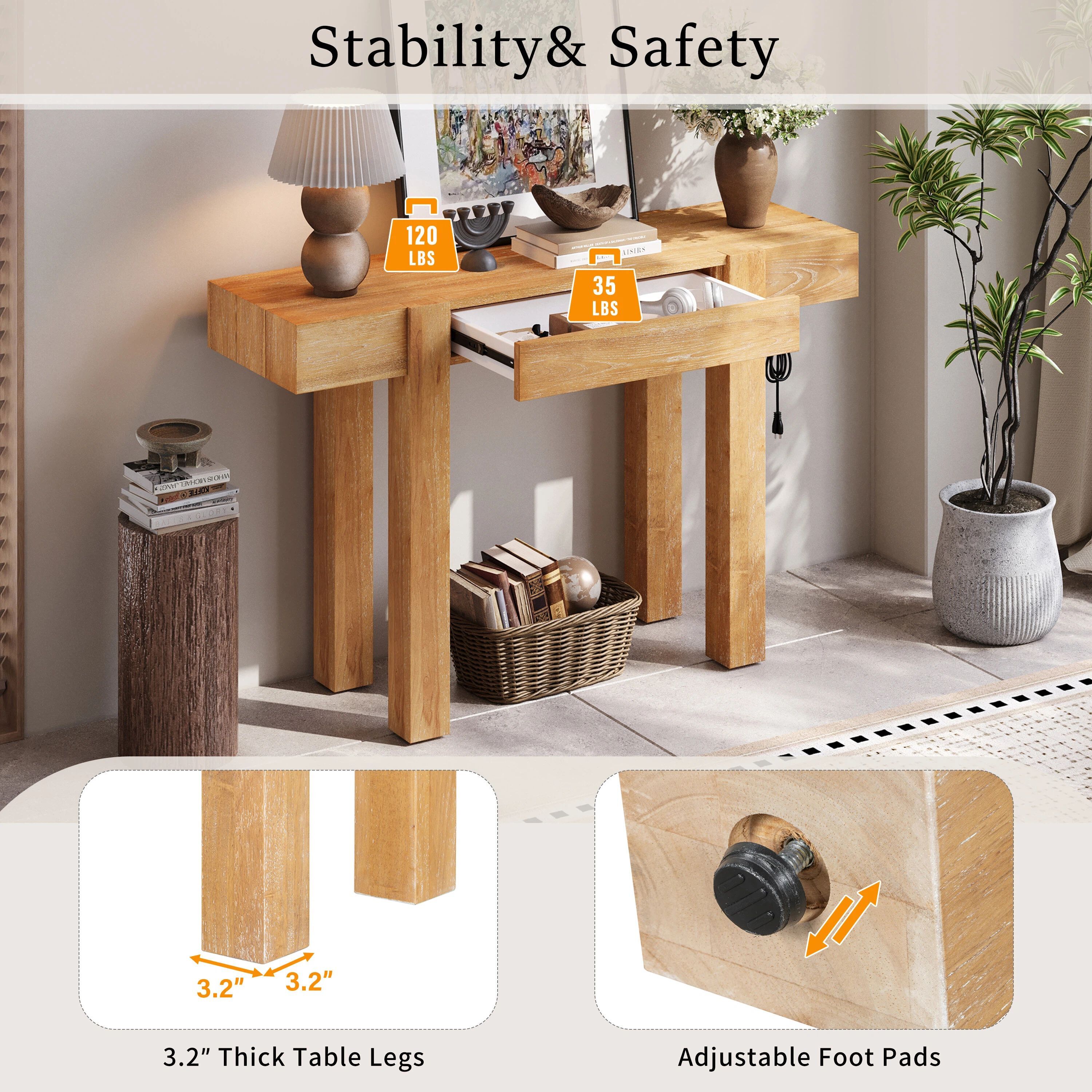 Euroco 47" Rustic Minimalist Console Table with Hidden Drawer & Side Power Outlet, Accent Entryway Table Sofa Table for Hallway Foyer Living Room,Natural