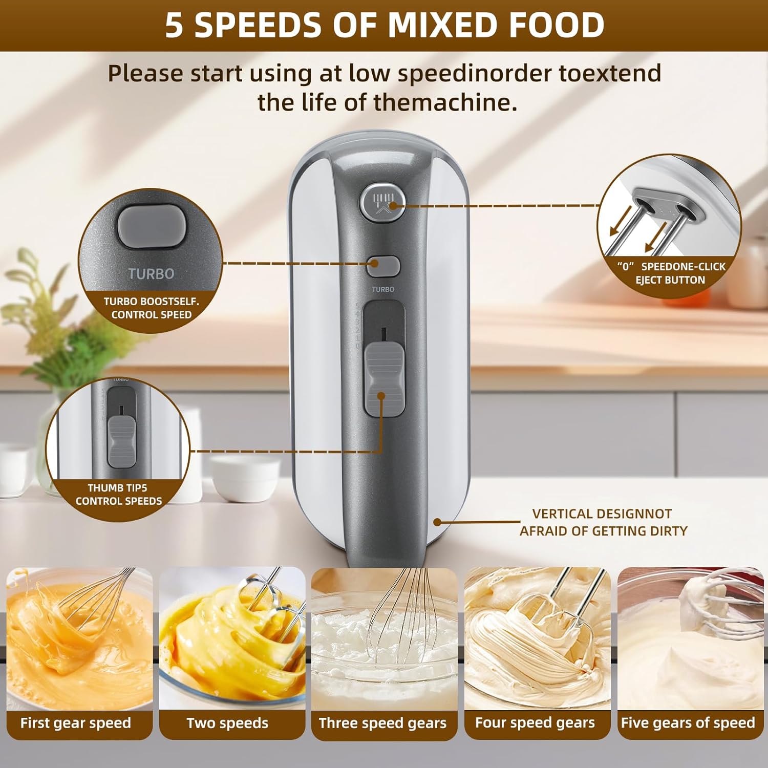GELANGS-400W Hand Mixer with Turbo Boost - 5-Speed, One-Touch Release, Copper Motor 3 Dishwasher-Safe Attachments 110V Heavy Duty for Baking, Whipping & Dough