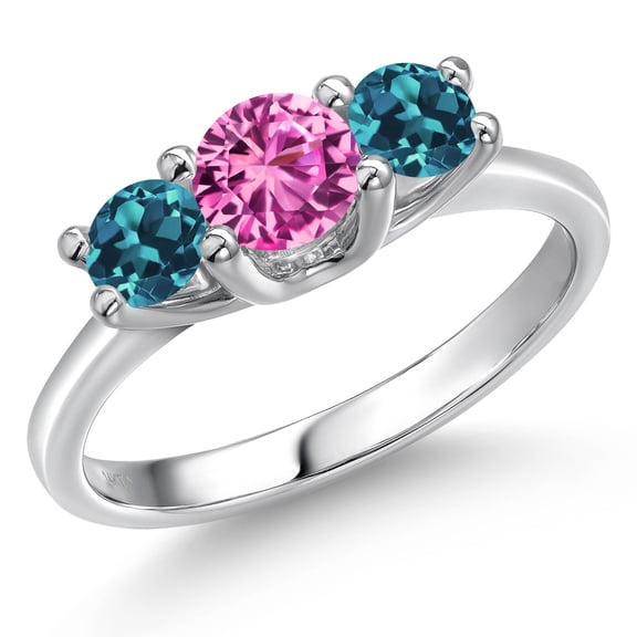 Gem Stone King 14K White Gold Pink Created Sapphire & London Blue Topaz 3-Stone Engagement Ring | 1.21 Cttw | Round 5MM and 4MM | Three Stone Wedding Anniversary Promise Ring for Women (Size 9)