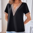 thumbnail image 7 of Moocorvic Women's Lace Deep V Neck Short Sleeve Shirt Colorblock Blouse Top Lace Trim Top Casual Blouse Shirts, 7 of 7