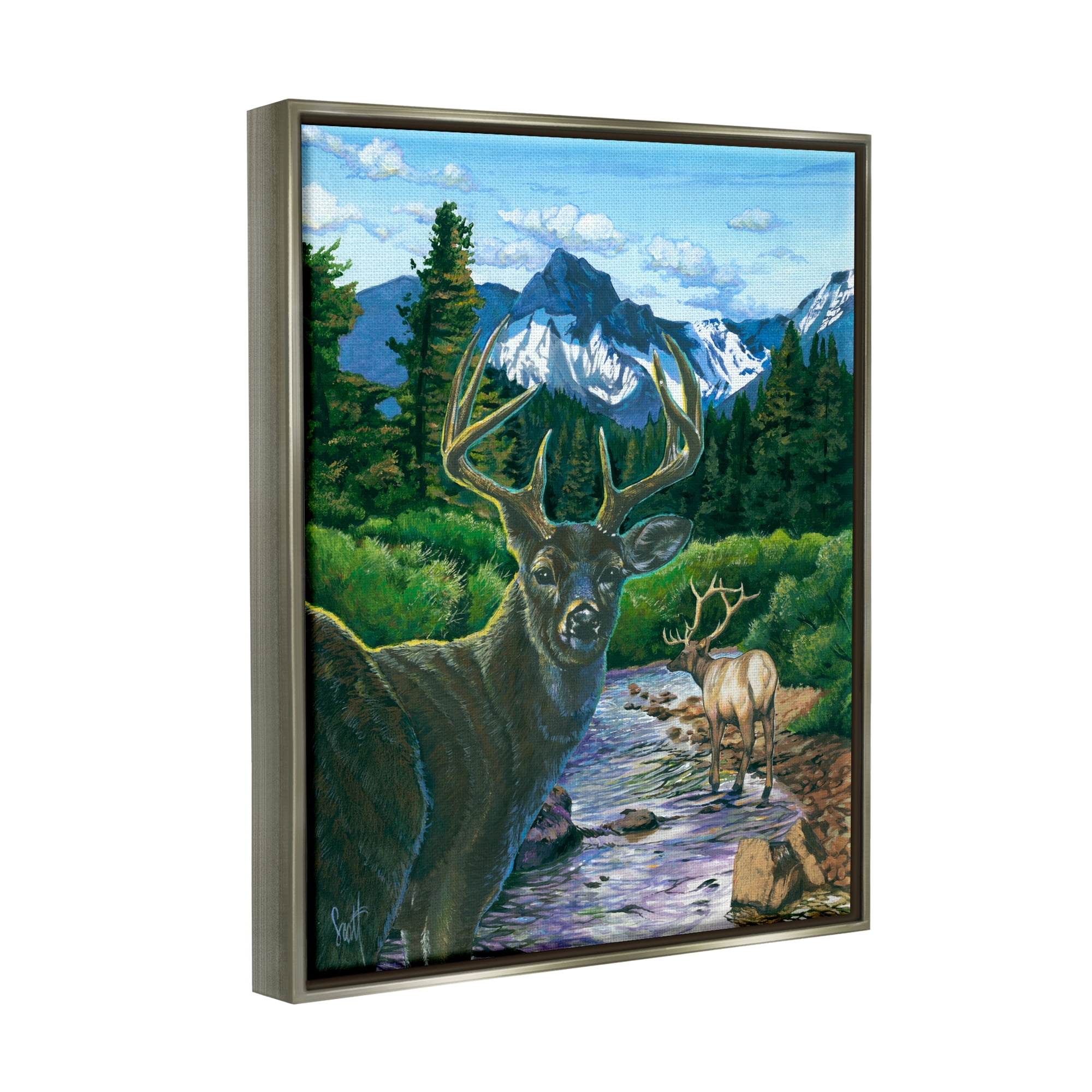 Stupell Industries Deer in Mountain Scenery Animals & Insects Painting Gray Floater Framed Art Print Wall Art, 25 x 31