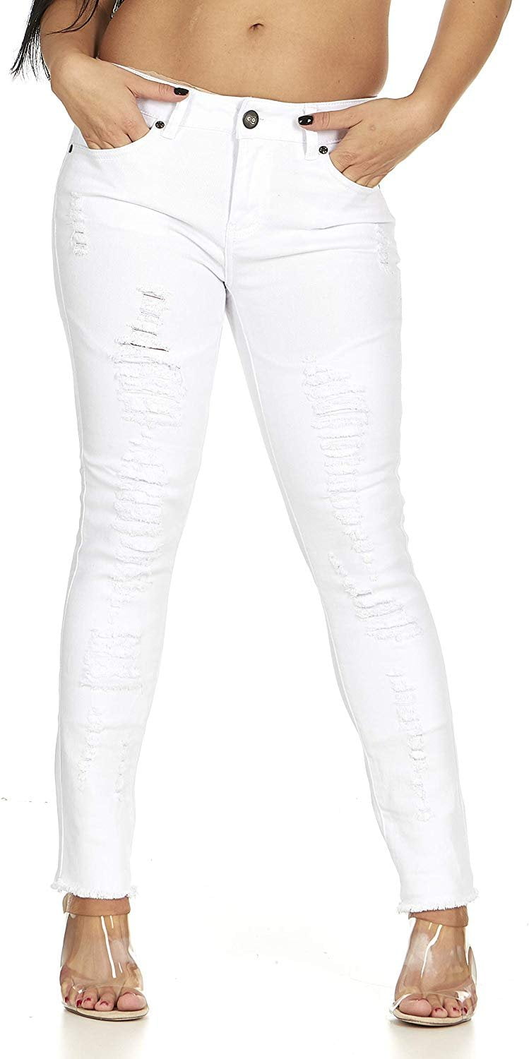 V I P Jeans Cute Ripped Jeans For Women Distressed Washed Skinny Fray Hem Fit White Plus Size