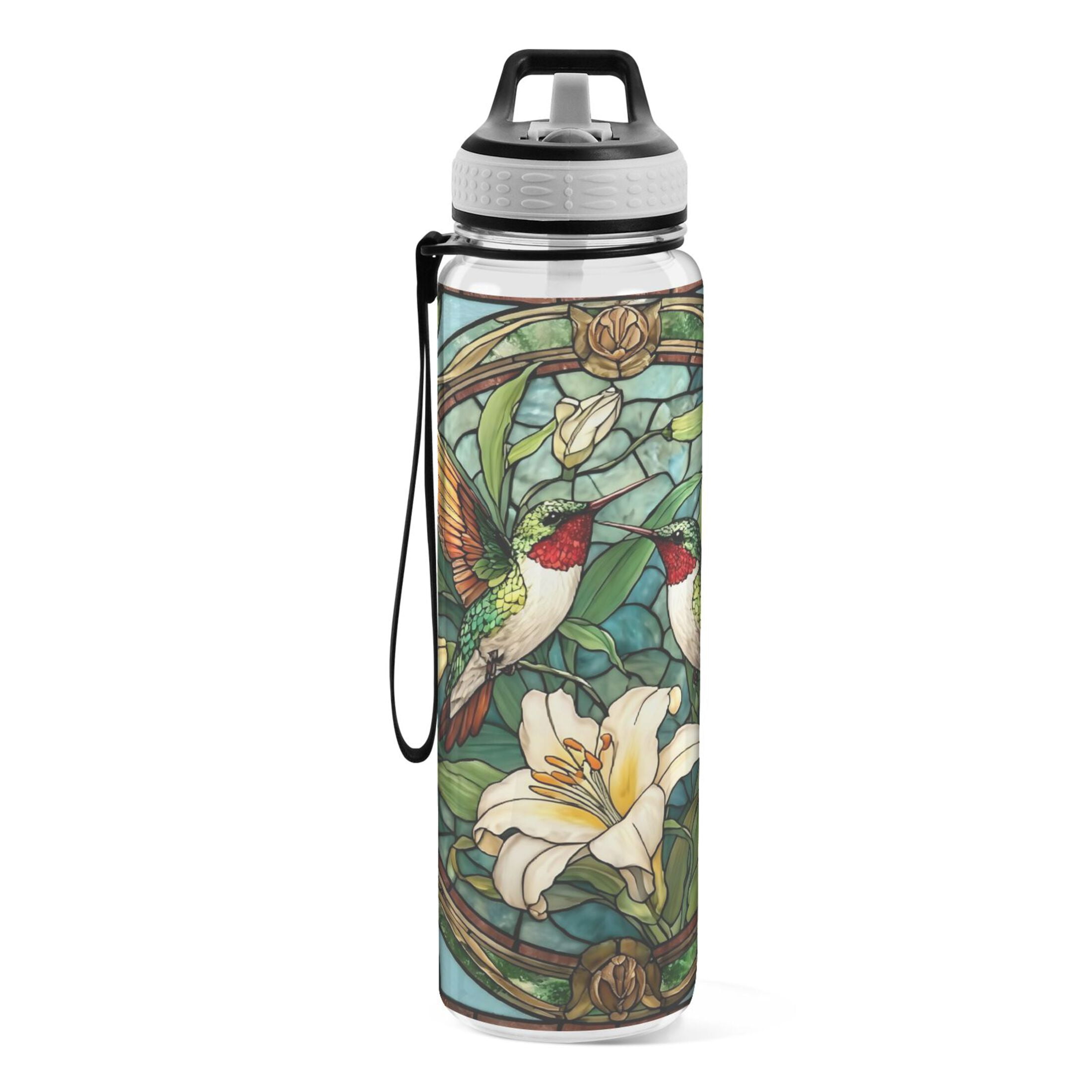 Qxltty Vintage Glass Bird Water Bottle 32 oz with Straw BPA Free Reusable Fitness Sport Bottle Perfect for Travel School Outdoors and Gym