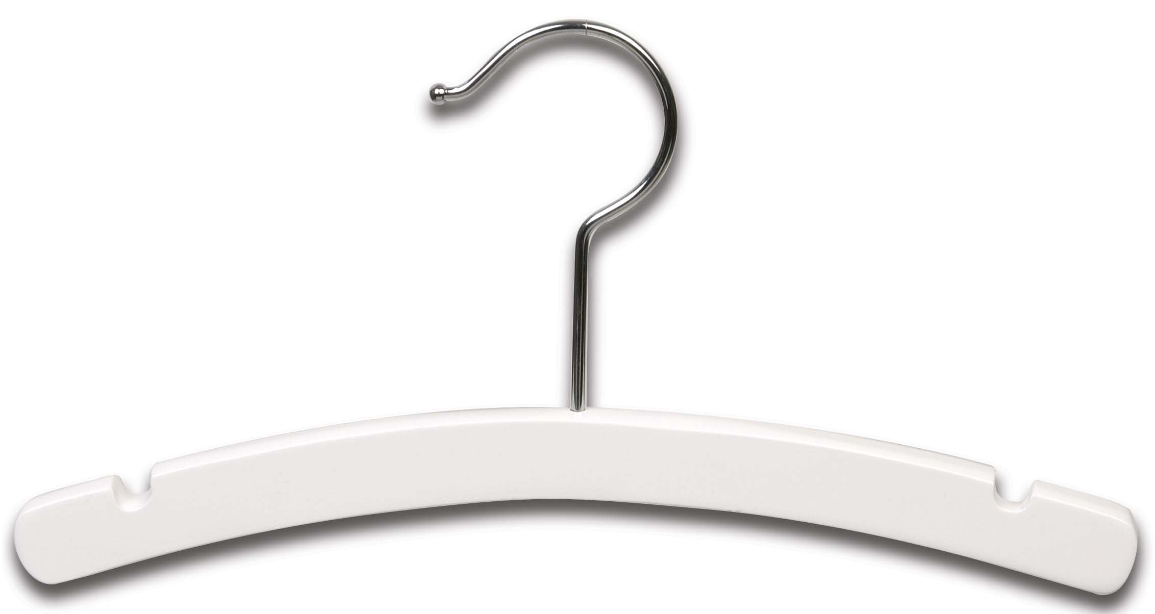 White Wooden Kids Top Hanger, Box of 50 12-inch Arched Hangers with Swivel Hook
