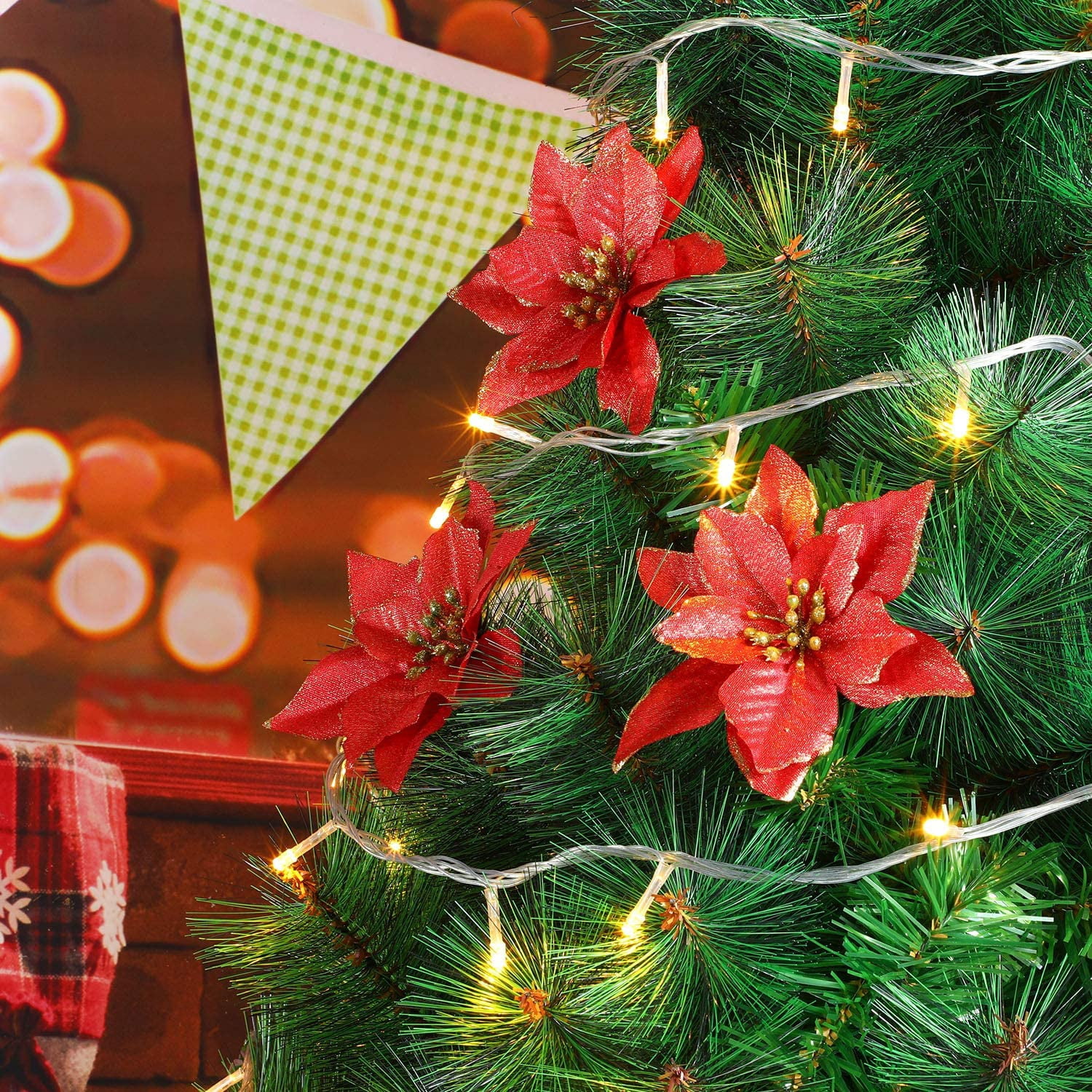 12 Pack Silver Christmas Glitter Poinsettia Flowers Decorative Artificial Poinsettia Flowers - Red