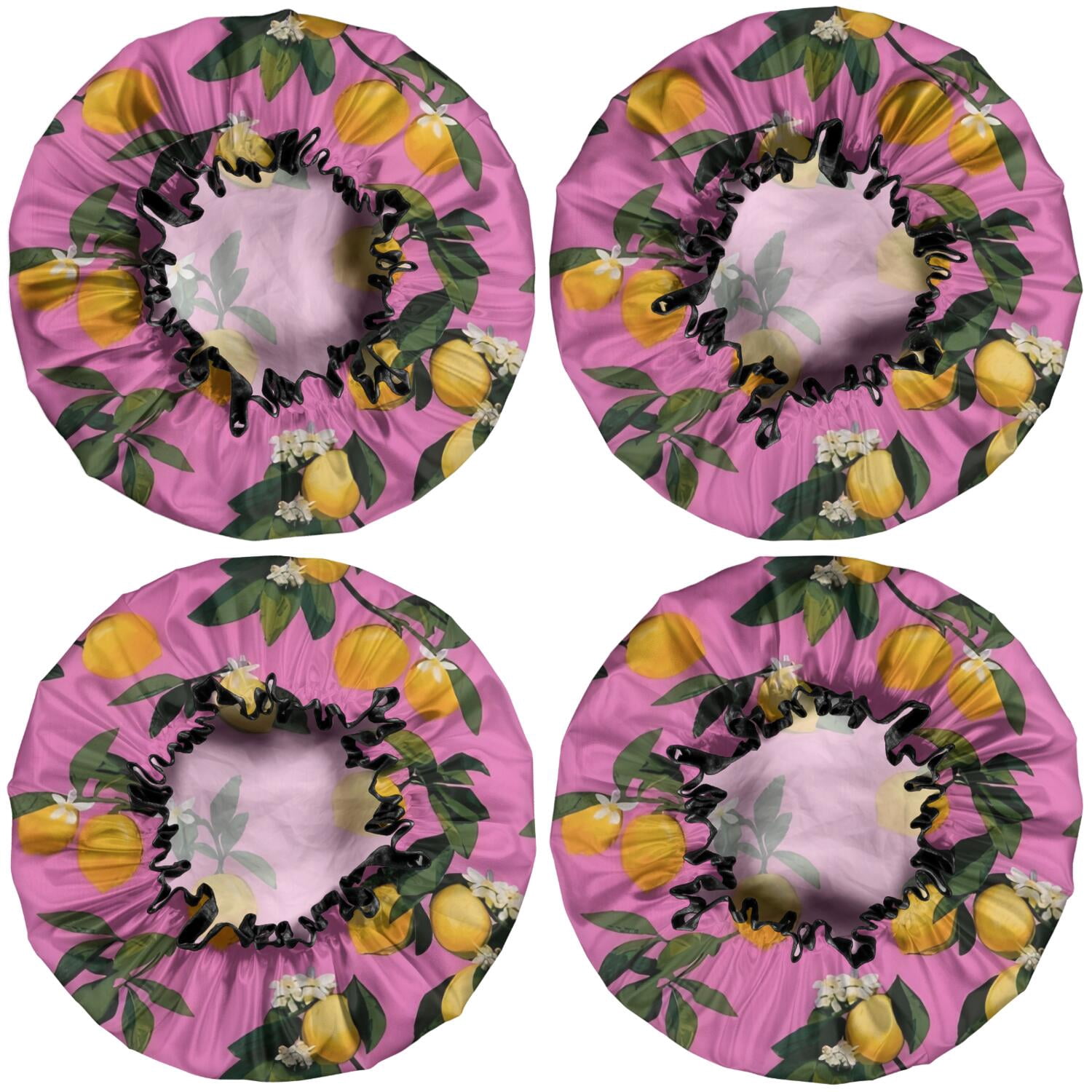 Shower Caps,Yellow Lemon Flowers Pink Pattern Waterproof Shower Cap for Women 4 Pieces,Double Reusable Hair Cover for Shower PEVA Elastic Stretch Hem