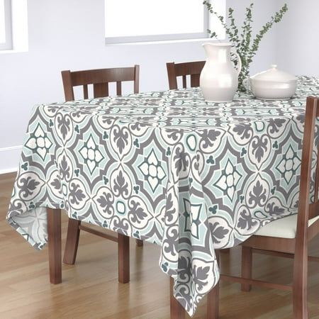 

Cotton Sateen Tablecloth 70 Square - Spanish tile trend aqua mint white gray ogee trellis Print Custom Table Linens by Spoonflower
