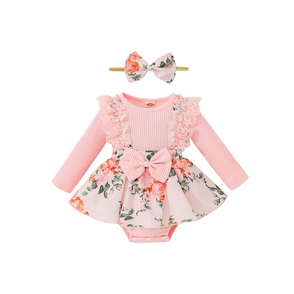Wassery Baby Girl Clothes 3 6 9 12 18 Months Infant Fall Outfits Short Long Sleeve Floral Romper Bodysuit Headband 2Pcs Set