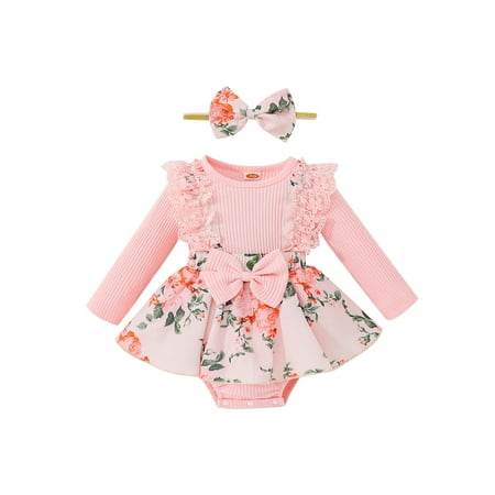 

Calsunbaby 2Pcs Newborn Baby Girls Dress Style Romper Long Sleeve Lace Patchwork Floral Pattern Bodysuit + Headband Set Pink 6-12 Months