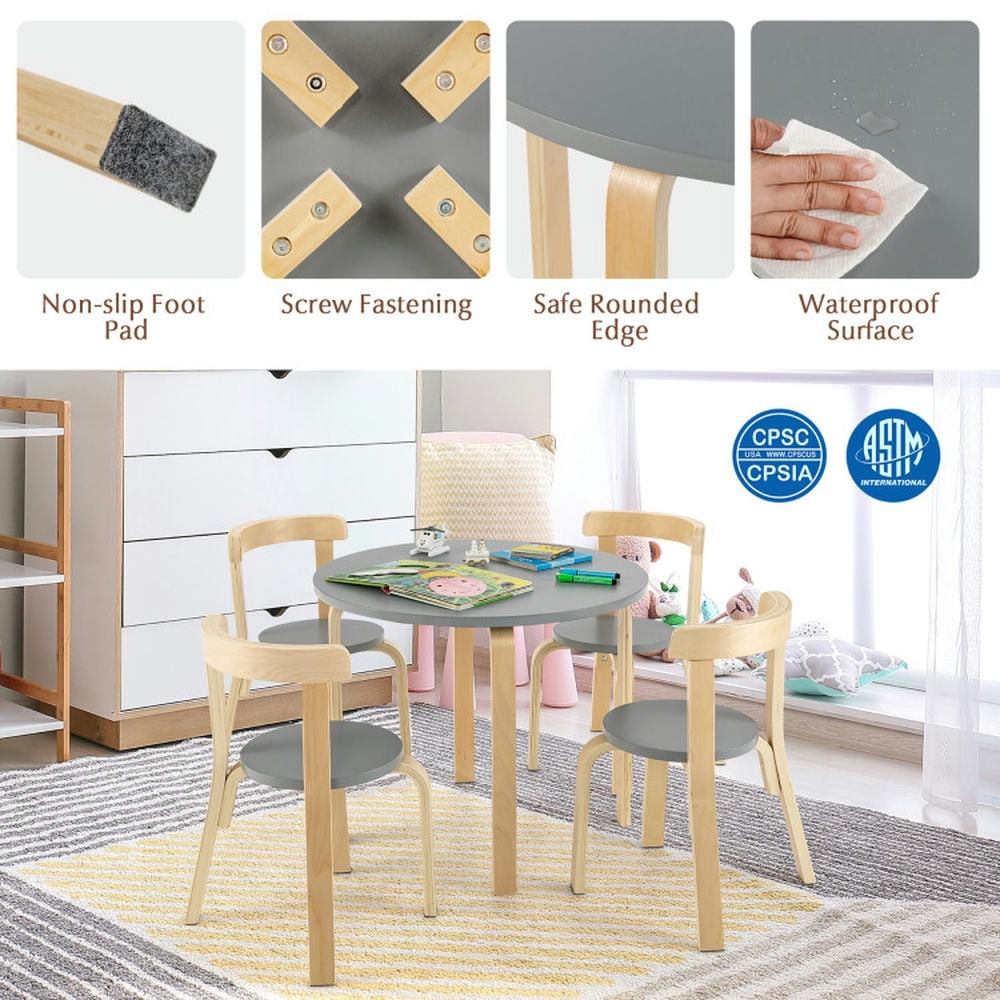 Kadyn Children Kids Table Chair Set,Children Playroom Table Chair Set,5-Piece Kids Wooden Curved Back Activity Table and Chair Set with Toy Bricks-Gray
