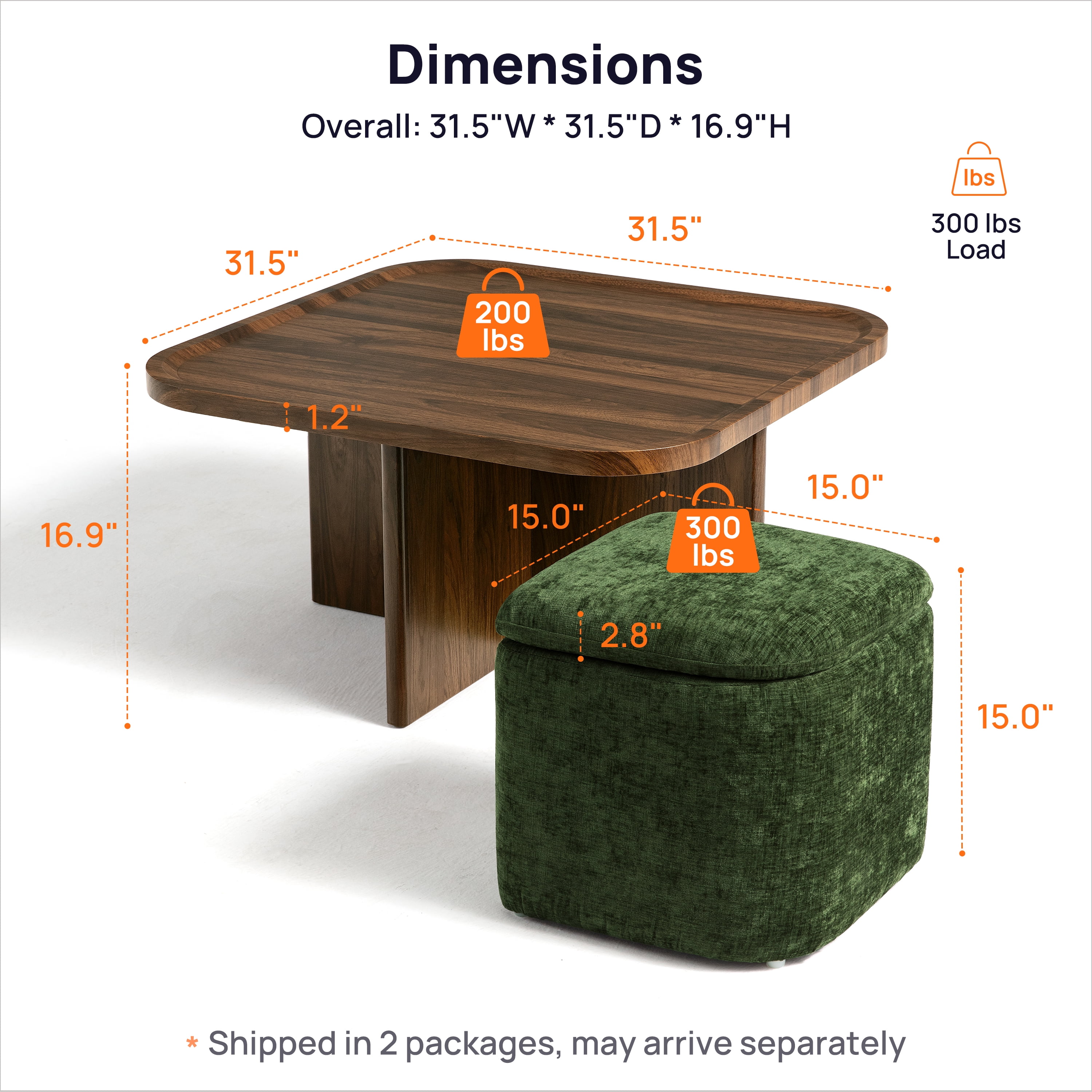 CHIC HOUSE Coffee Table Set with Stools for Living Room, Walnut & Green