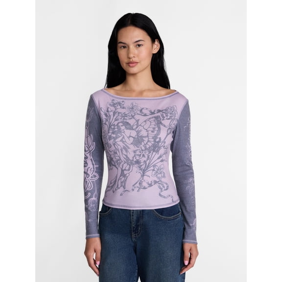 Madden NYC Women's Boatneck Graphic Top with Long Sleeves, Sizes XXS-XXL