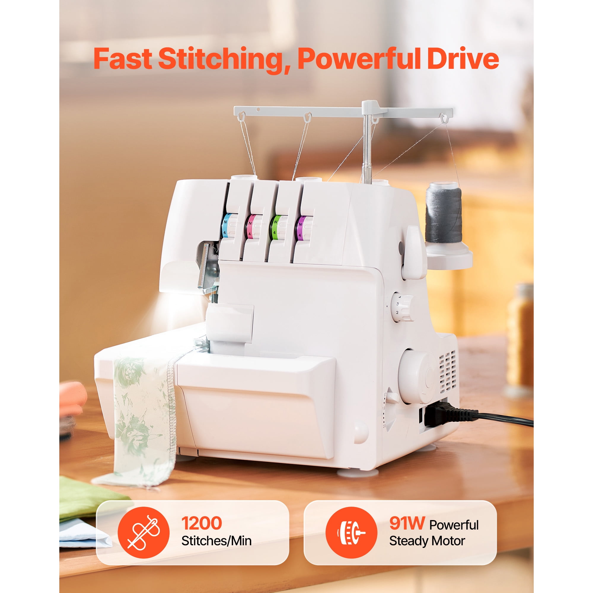 KFFKFF Serger Overlock Sewing Machine, 1250 Stitches Per Minute, Supports 2-3-4 Thread Options, Adjustable Differential Feed from 0.7 to 2, Equipped with Free Arm and LED Light