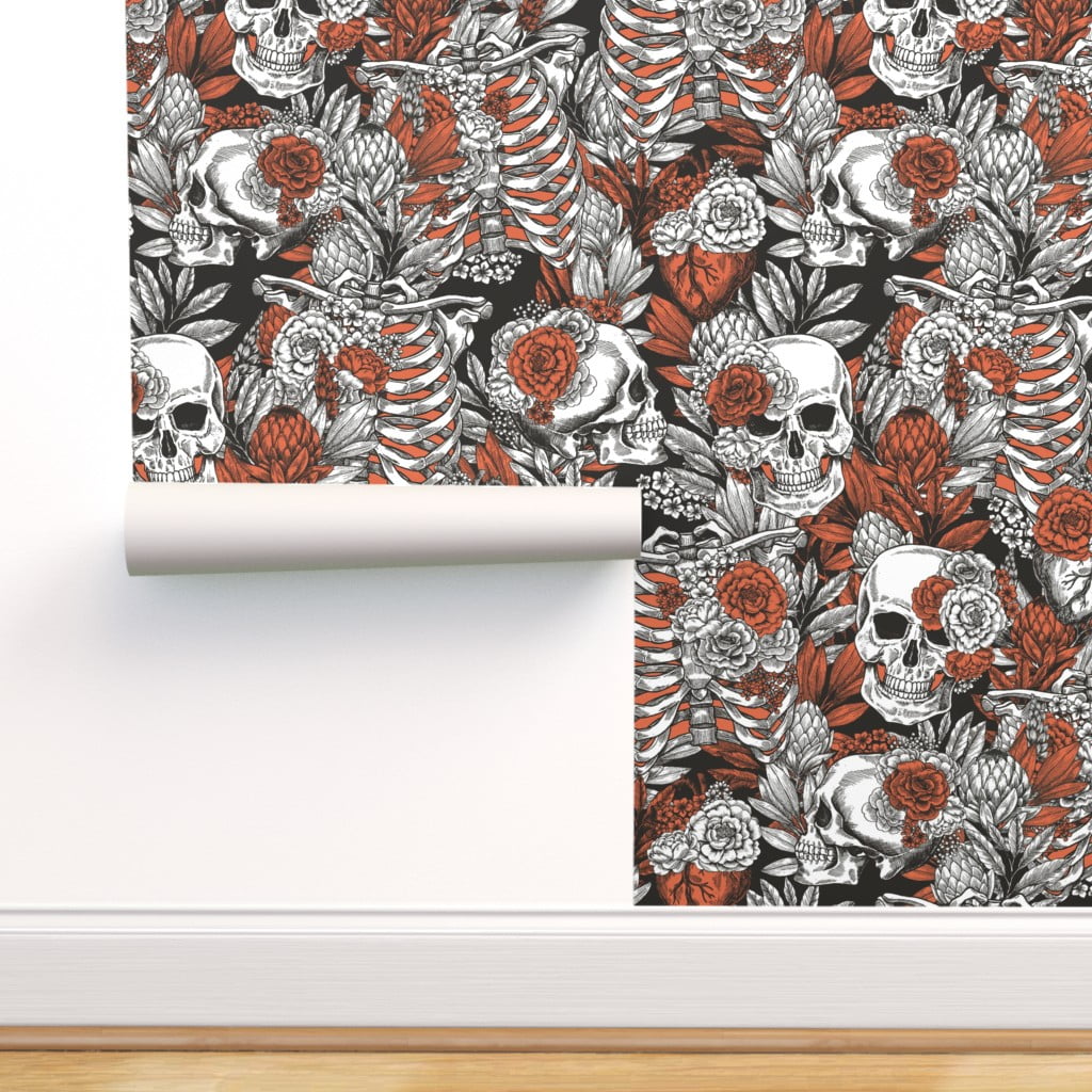 Removable Water-Activated Wallpaper Halloween Skull Skeleton Anatomy Floral