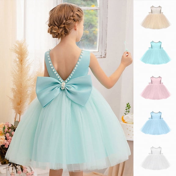 mgoYE Party Dresses for Girls Flower Girl Dress Kids Satin Tulle Wedding Guest Party Birthday Bridesmaid Communion Pageant Prom Ball Gown Maxi(Blue,7-8 Years)