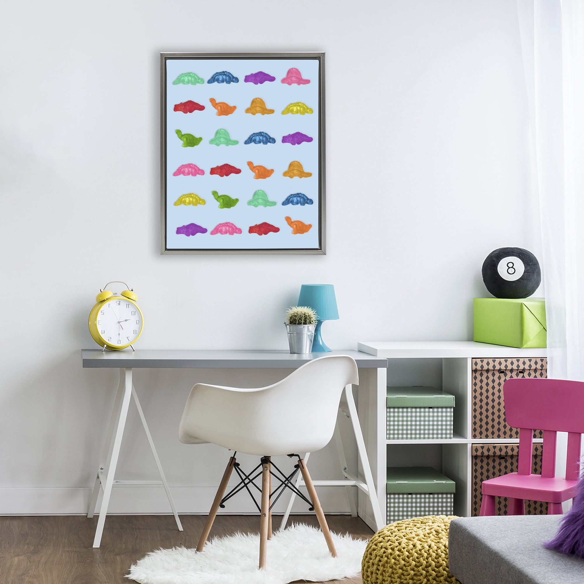 Stupell Industries Colorful Dinosaur Gummies Gray Framed Floater Canvas Wall Art, design by LISH Creative