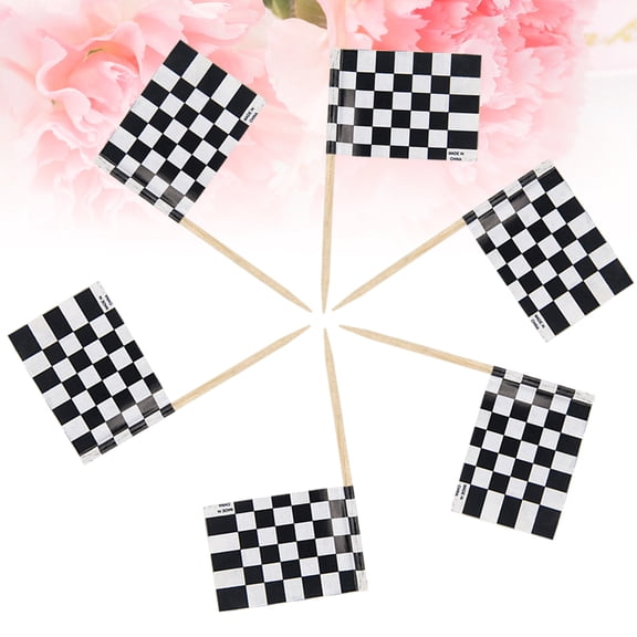 NICEXMAS Black Checkered Racing Flags Decorative Cake Toppers Paper Picks for Decorating 24 Pieces 3.5 inches