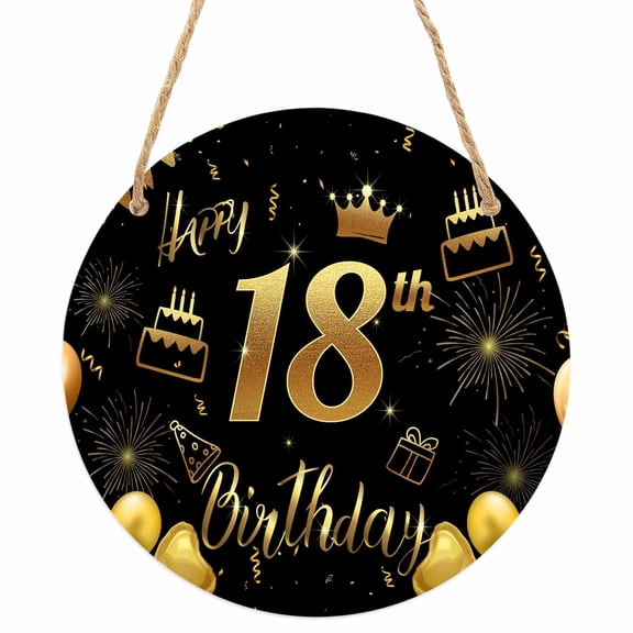 Happy 18th Birthday Round Front Door Welcome Sign, 7.8 Inch Wall Hanging Decor for Indoor Outdoor, Black Golden Balloon Cake Fireworks Home Porch Hanger Decorations for Holiday Gift