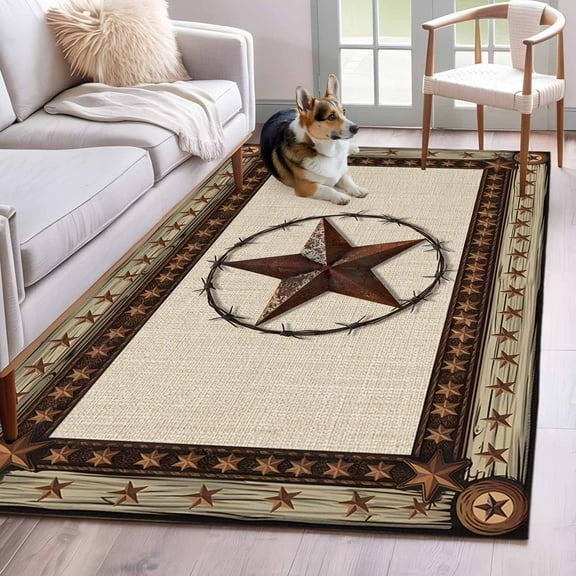 Country Texas Star Area Rug 3x5 Washable Rug Non Slip Brown Farmhouse Vintage Wooden Large Area Rug Indoor Floor Carpet for Entryway Bedroom Kitchen Living Room Home Office Dining Room Nursery