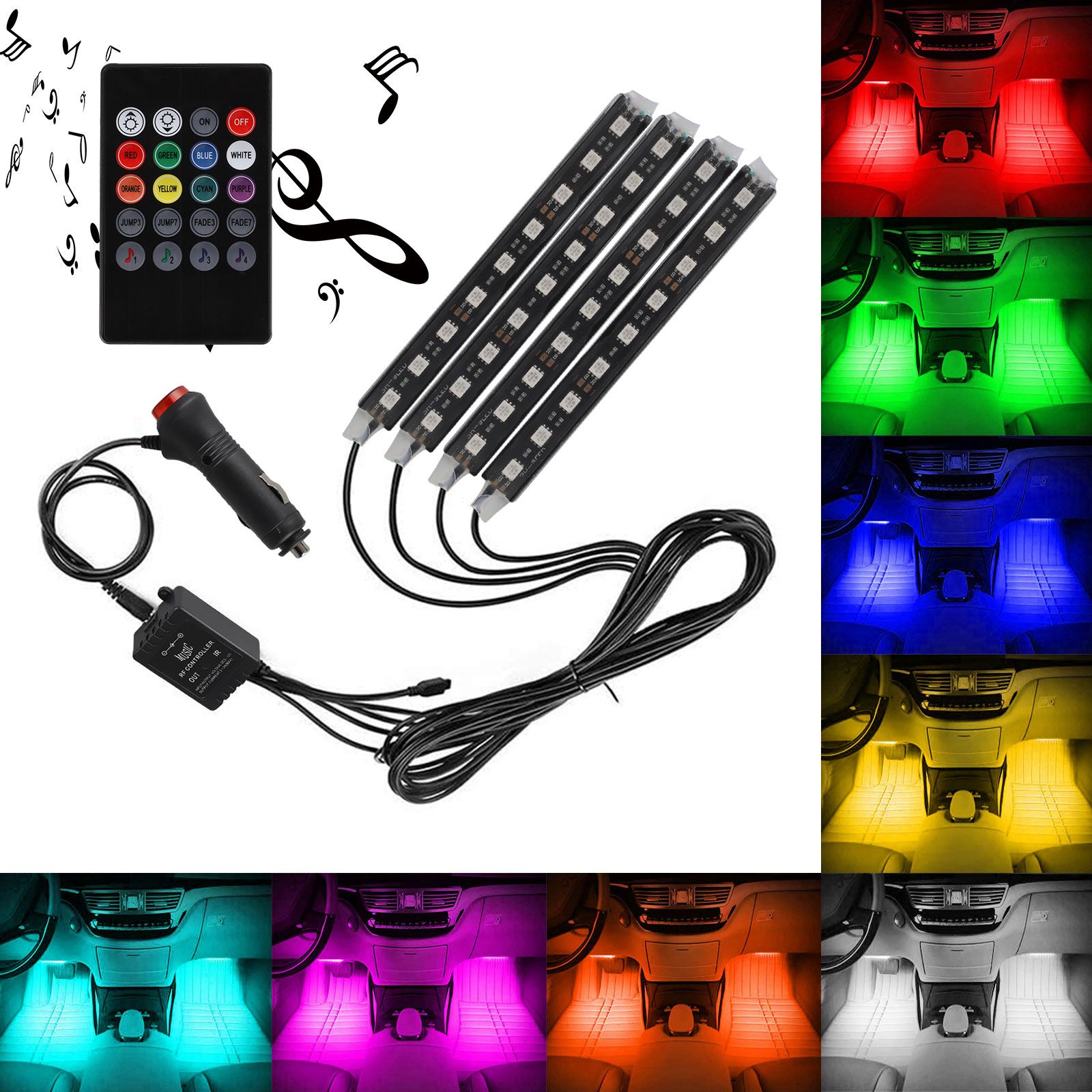 Interior Car Lights, 4pcs RGB Car LED Strip Lights, 8 MultiColor Music