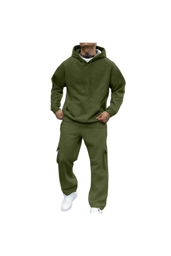 Mens Sweatsuits Sets 2025 Big and Tall Drawstring Hoodies and Sweatpants Set 2 Piece Set Plain Workout Loungewear Winter Fleece Gym Tracksuits Army Green #4 Polyseter
