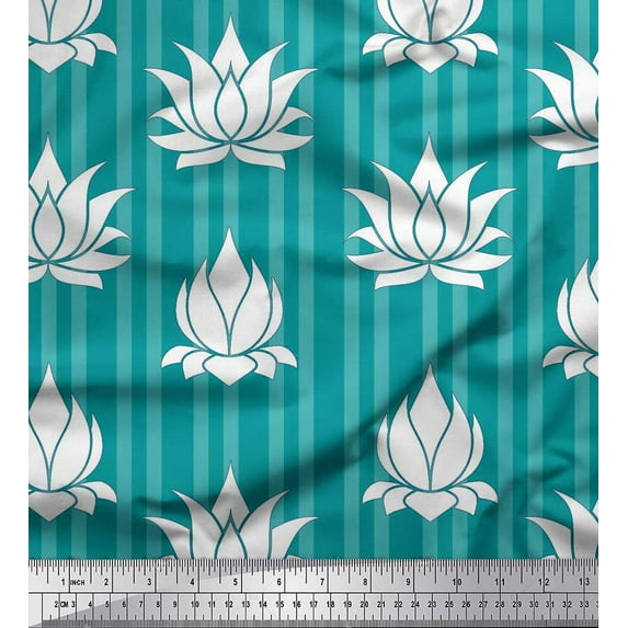 Soimoi Green Cotton Voile Fabric Stripe & Artistic Lotus Floral Fabric Prints By Yard 56 Inch Wide