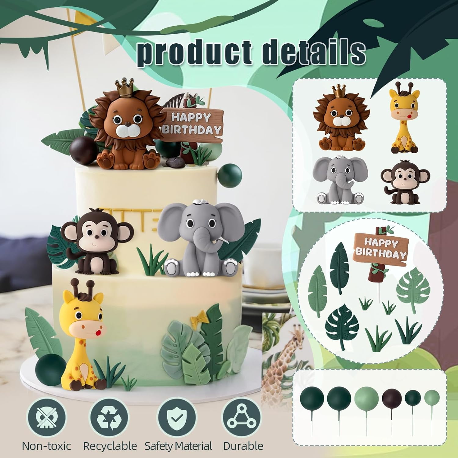 19pcs Safari Animal Cake Topper - Jungle Wild Toppers with Leaves Balls Decorations for Animals Themed Birthday Party (Safari Style)