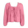thumbnail image 4 of MIXUE Womens Summer Tops Floral Lace Solid Color Tie Front Ruffle Square Collar Long Sleeve Casual Tshirts Activewear,Pink,L, 4 of 4
