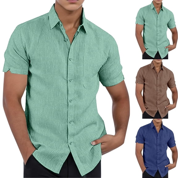 Gyexs Dress Shirts for Men Short Sleeve Navy with Pocket Linen Shirts Breathable Athletic Tees Shirt Wedding Men's Fashion, Size XXXL