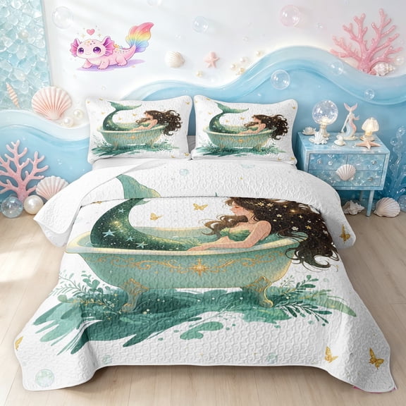 Manfei Dreamy Bath Mermaid Twin Quilt Set, Dreamy Butterfly Twin Coverlet Set, Teal White, 2pcs, 1 Bedspread and 1 Pillowcase