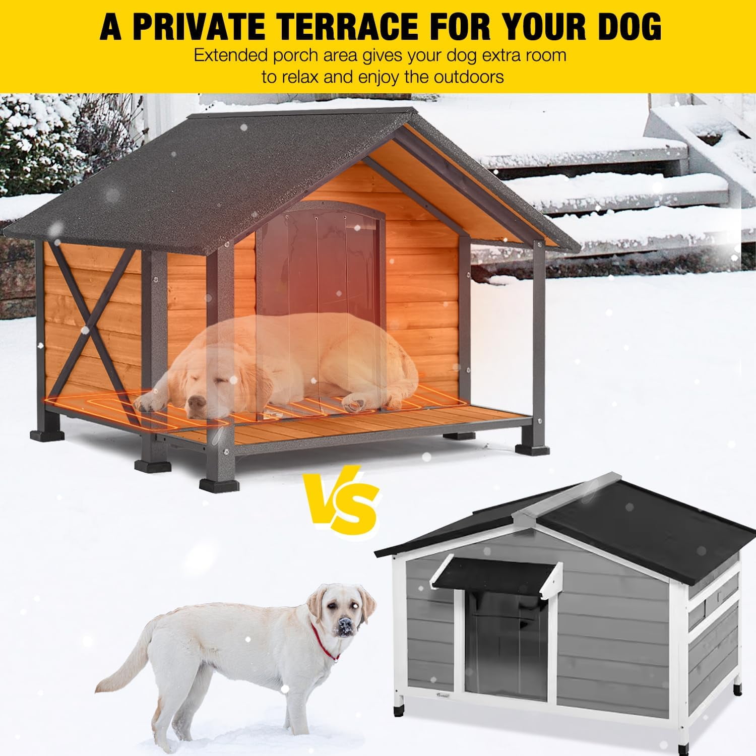 AIVITUVIN Heated Outdoor Dog House - Weatherproof Insulated Wooden Shelter with Iron Frame, Large Porch for Medium & Large Dogs, Indoor/Outdoor Kennel