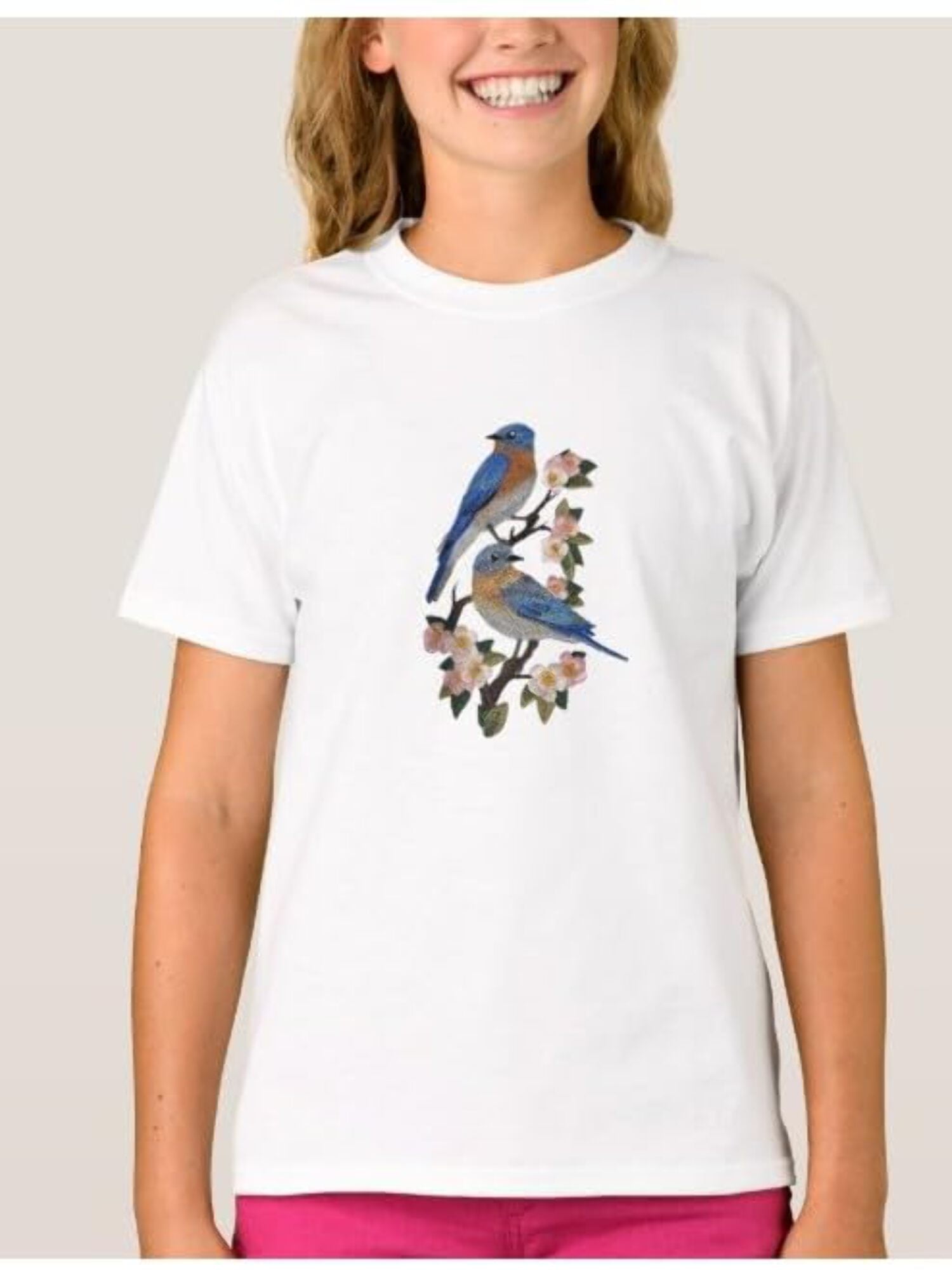 Beyond Vision Custom Bird Eastern Bluebirds and Blossoms Embroidery Iron On/Sew Patch (4.53" x 6.85")