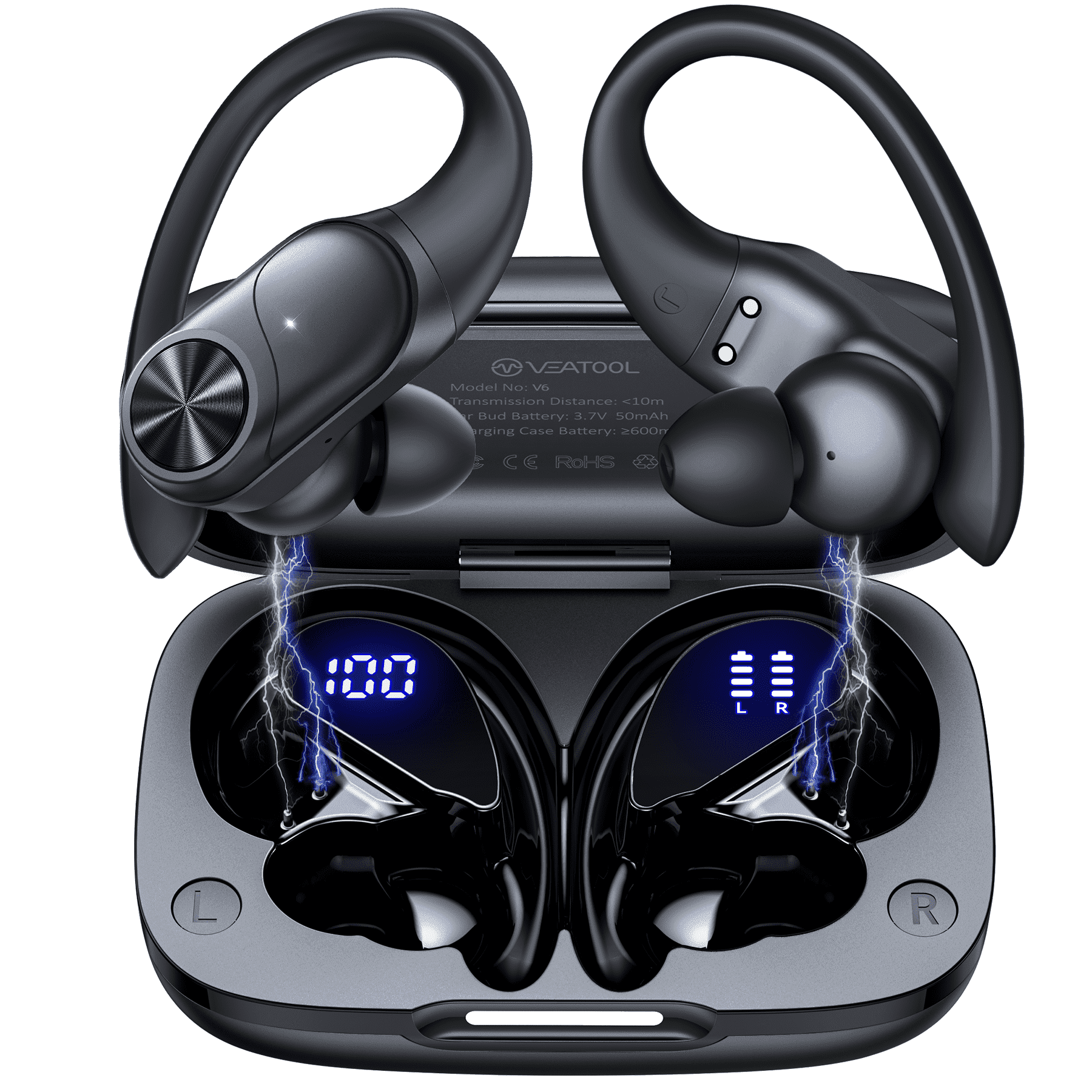 VEAT00L V6 Bluetooth Headphones Wireless Earbuds 88Hrs Playback Sport Ear Buds with Earhook Digital Display Charging Case IPX7 Waterproof Earbud Deep Bass Running Earphones for iOS Android Cellphone