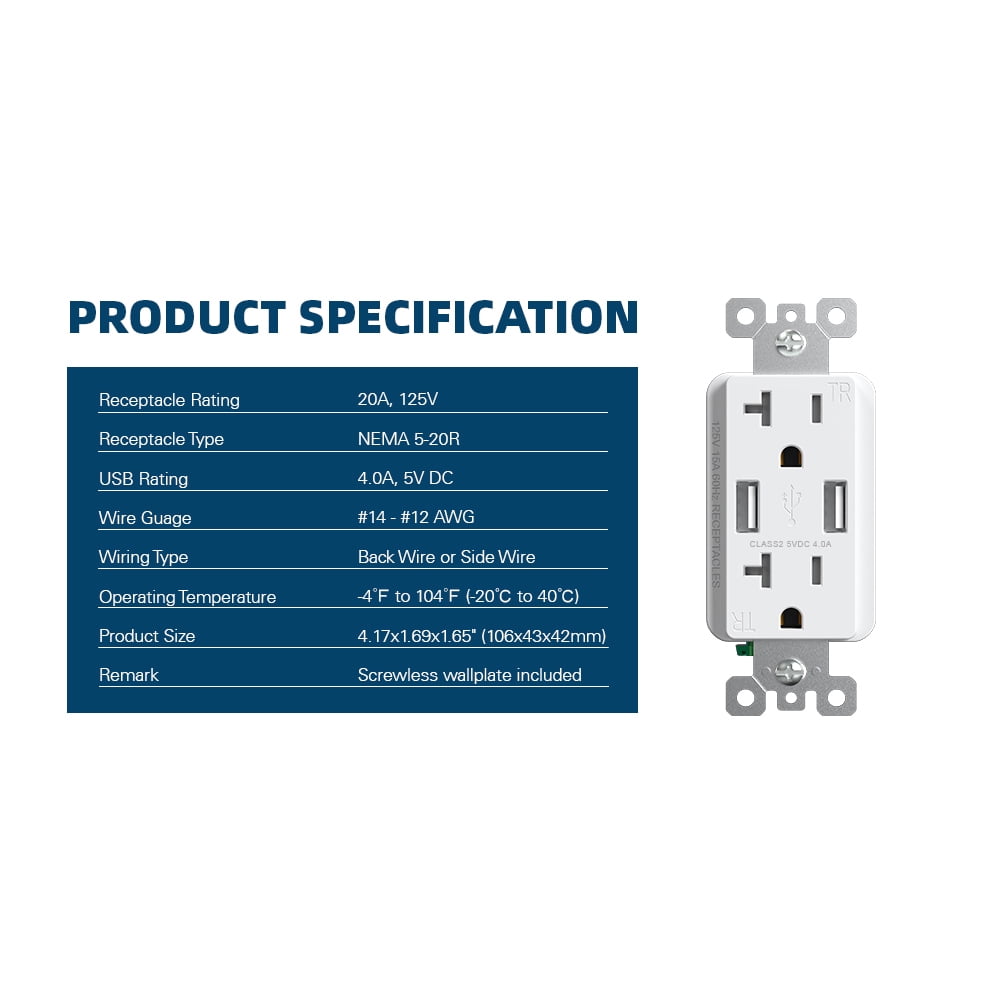 ELEGRP USB Wall Outlet Receptacle with Dual 4.0 A USB Ports, 20 Amp Duplex Tamper Resistant Receptacle, Charging Power Outlet with USB Ports, Wall Plate Included, UL Listed, 6PC, White