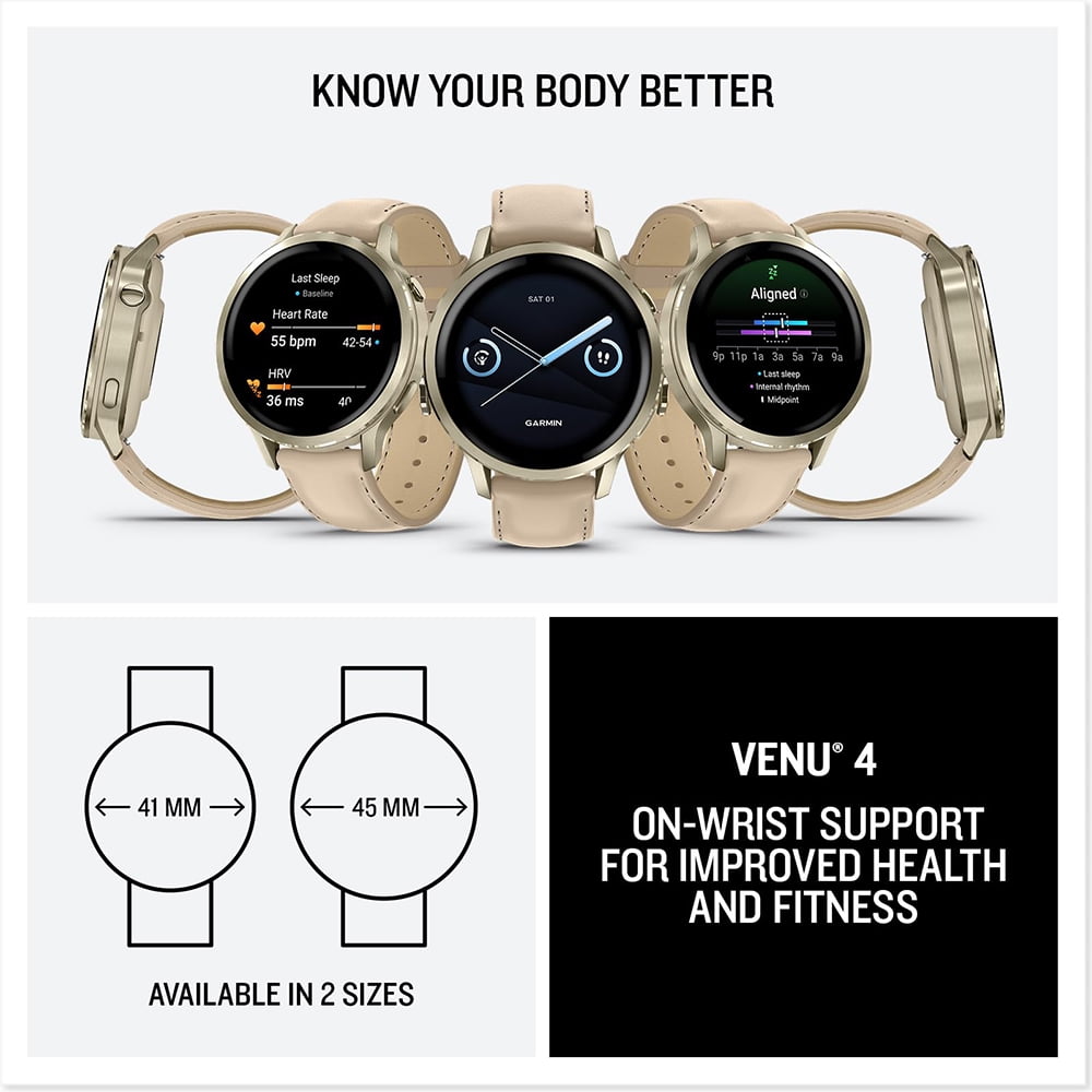 Garmin 010-03013-03 Venu 4, 41mm Smartwatch, Lunar Gold with Bone Band and Light Sand Leather Band Bundle with 2 YR CPS Extended Warranty
