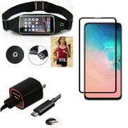 Galaxy S10e Running Waist Bag w Home Charger w Screen Protector - Belt Band Sports Gym Workout, 2.4A USB Cable TYPE-C, Tempered Glass 5D Curved Edge for Samsung Galaxy S10e Phone