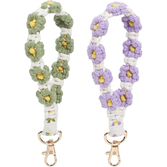 2Pcs Macrame Keyring Daisy Weave Keychain Green Purple Wristlet Key Chain Holder Cotton Tassel Bracelet Keyring Boho Handmade Flower Wrist Lanyard with Clasp for Pendant Decorations 8Inch Colorful