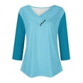thumbnail image 5 of ATOYSOY Women's 3/4 Sleeve Tees Fall Winter Loose Raglan Tops V Neck Button Sweatshirts Fashion Casual Shirts Outwear Solid Color Pleated Pullover Blue XXXL, 5 of 6